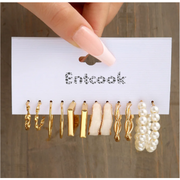 Entcook LATS Boho Big Circle Hoop Earring Set for Women Gold Color Bohemia Vintage Pearl Square Earring Heart Zircon Ear Studs Jewelry