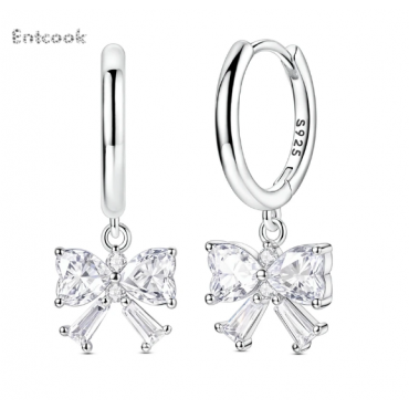 Entcook Original 925 Sterling Silver Bow Earrings Women 2025 Zircon Ear Studs Sparkling Pave Hoop Earring Anniversary Jewelry Gift