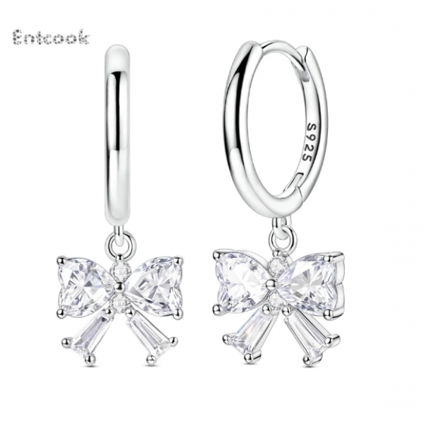 Entcook Original 925 Sterling Silver Bow Earrings Women 2025 Zircon Ear Studs Sparkling Pave Hoop Earring Anniversary Jewelry Gift