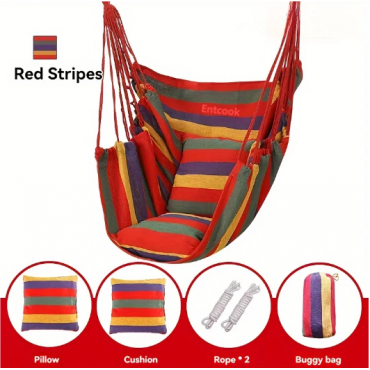 Entcook 1pc Comfortable Canvas Hammock Chair with Cushion and Pillow - Durable Indoor/Outdoor Swing Seat for Garden, Patio, Camping