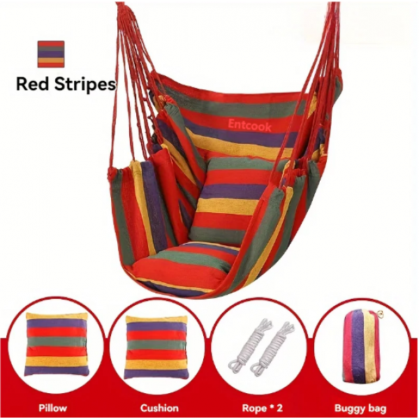 Entcook 1pc Comfortable Canvas Hammock Chair with Cushion and Pillow - Durable Indoor/Outdoor Swing Seat for Garden, Patio, Camping 